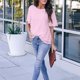 thumbnail image 5 of Camiseta de mujer de gasa con lunares, camiseta suelta, cuello redondo, manga corta, blusa, rosa, M Monstrate AP003107-07, 5 of 6