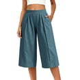 thumbnail image 3 of VBVC Women's Cotton Linen Pleated Wide Leg Capri Pants , Casual Summer Loose Crop Trousers For Women , Ladies' Flowy Lounge Pants with Pockets, Blue , S-2XL, 3 of 8