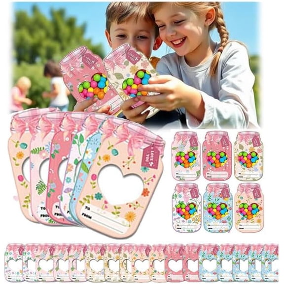 Valentines Day Cards for Kids School, 24PC DIY Mason Jar Happy Valentines Day Cards with Treat Bags, Funny Valentine Classroom Exchange Card for Boys Girls Class Classroom Party Favors Friends