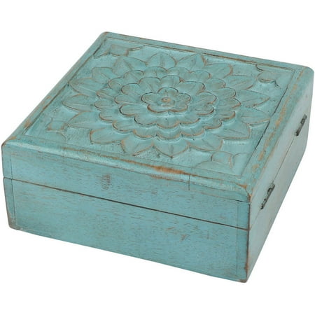 Weathered Sky Blue Wooden Box with Hinges and Carved Floral Design