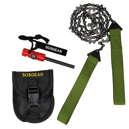 SOS Gear Pocket Chainsaw and Fire Starter - Survival Hand Saw, Firestarter with Built in Compass & Whistle, Embroidered Pouch for Camping & Backpacking - Green Straps, 36