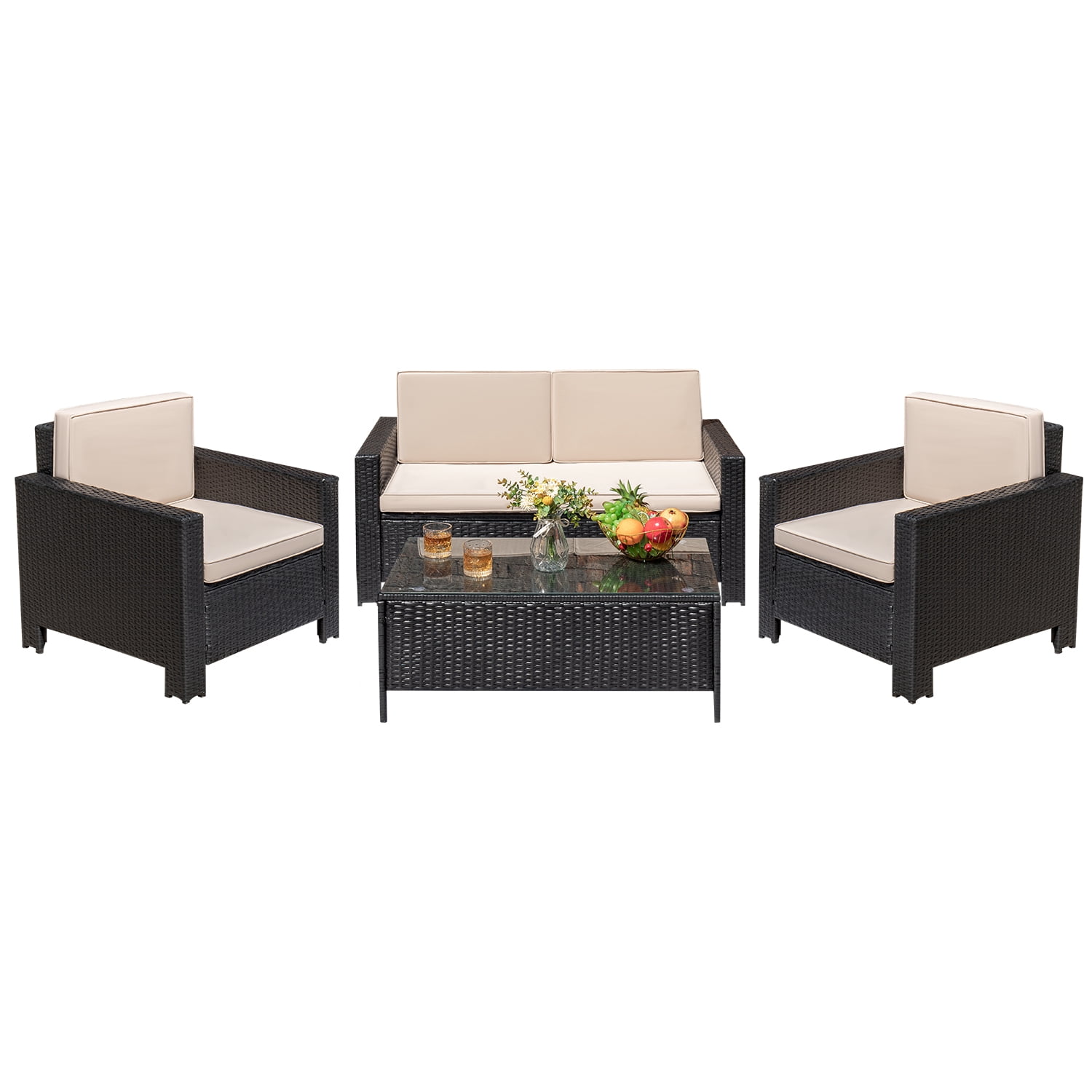 Devoko 4 Pieces Patio Set PE Rattan Wicker Furniture Sofa Set Outdoor Indoor Furniture Set, Black
