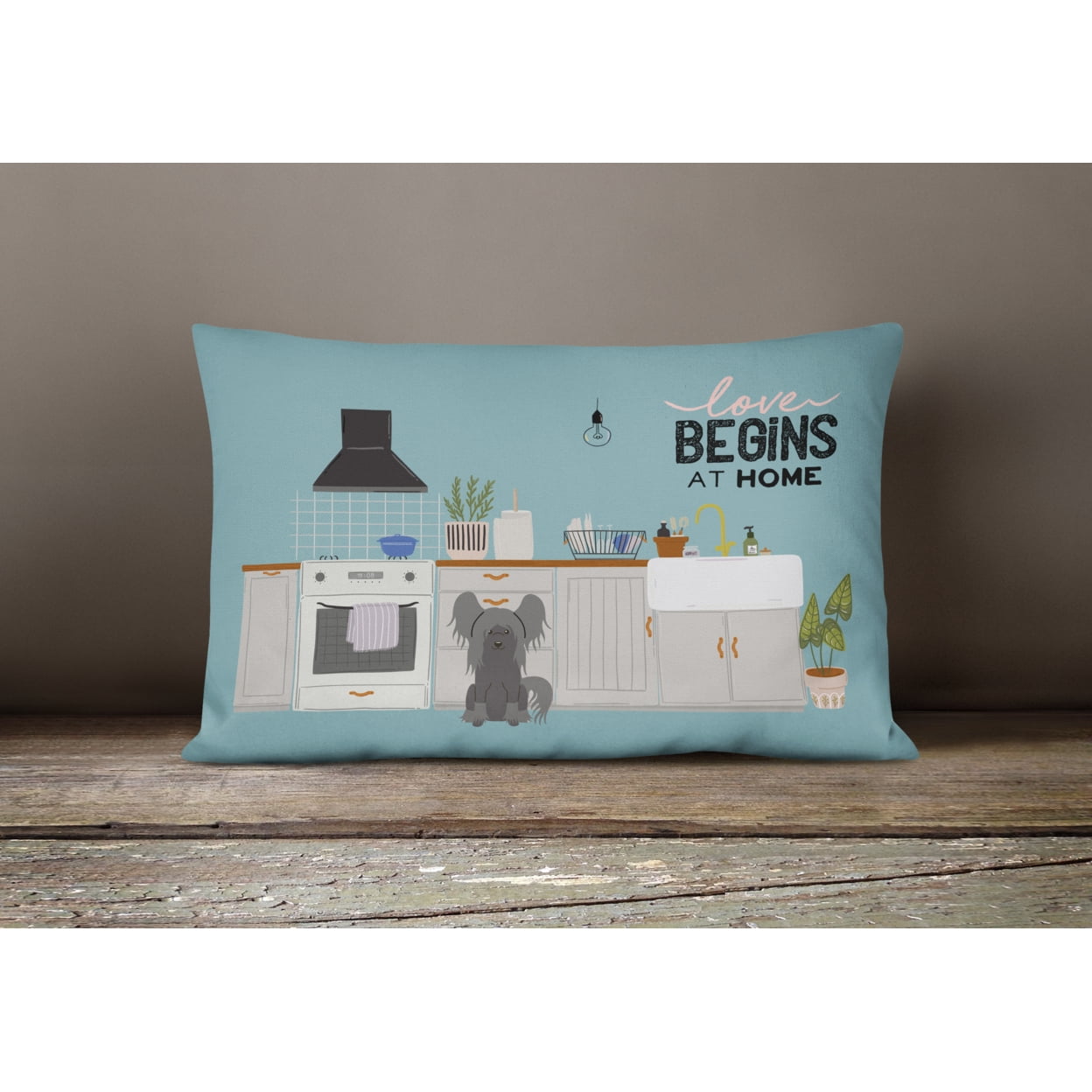 Black Chinese Crested Kitchen Scene Canvas Fabric Decorative Pillow