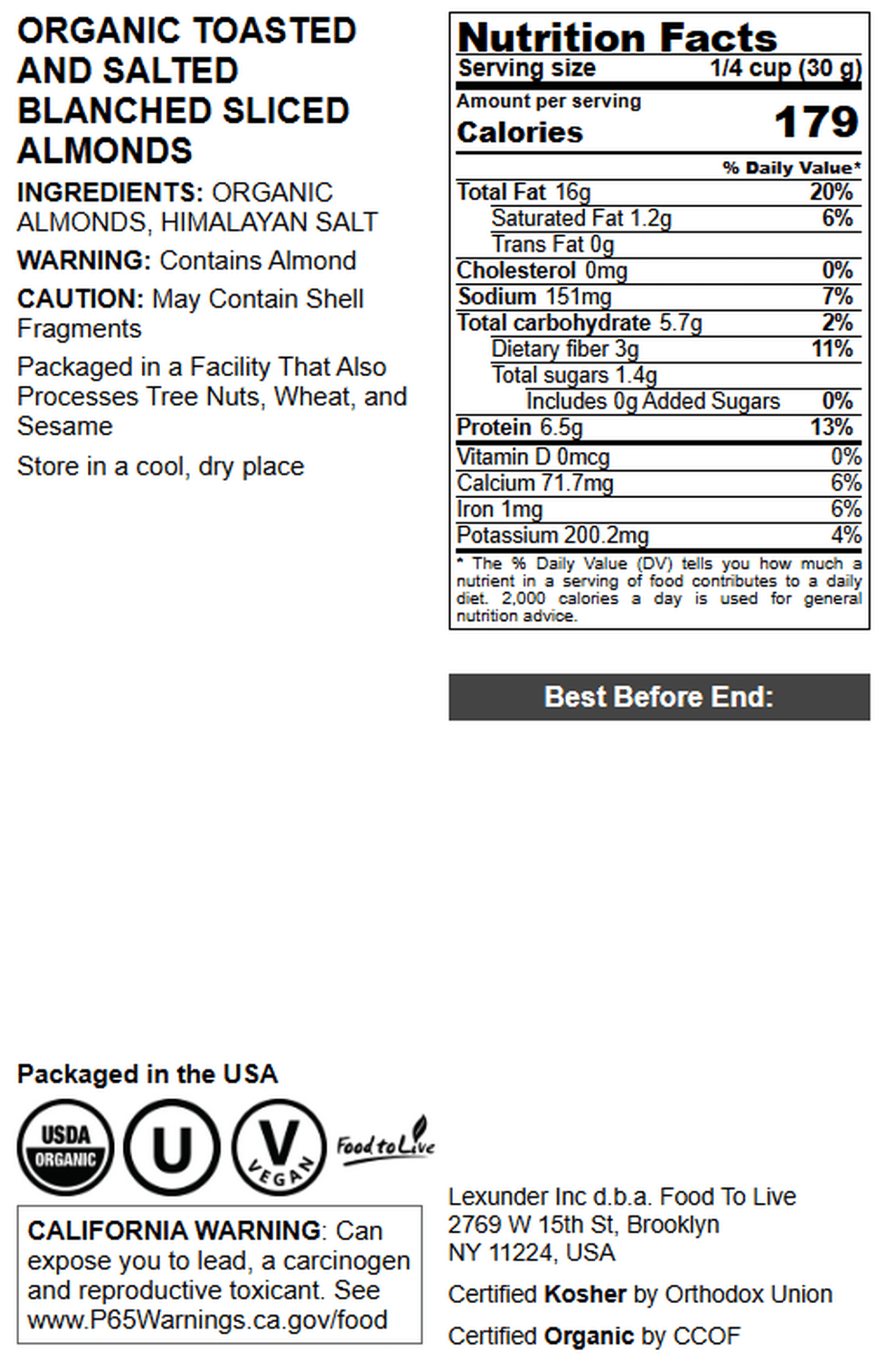 Organic Toasted and Salted Blanched Sliced Almonds, 3 Pounds – Vegan, Keto, Paleo and Kosher Nuts