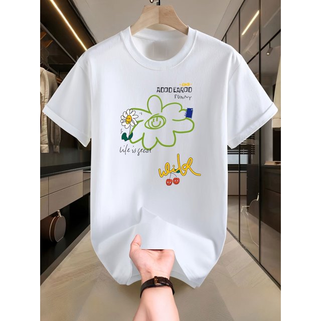 T-Shirt Décontracté en Coton pour Hommes avec Design de Fleur Graffiti Original - Tissu Doux et Respirant, Col Rond, Manches Courtes, Lavable en Machine