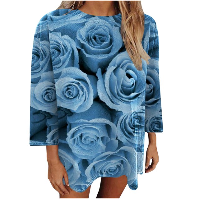 Camiseta holgada estampada a la moda para mujer, blusa de manga 3/4 de longitud media, Tops informales con cuello redondo Pompotops FGAJ3717