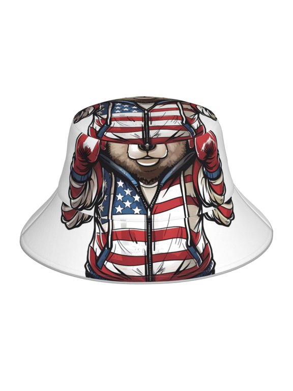 Patriotic Boxing Bear Art Print Men and Women Night Reflective Hat Runner Cap Visor Bucket Hat Boonie Cap