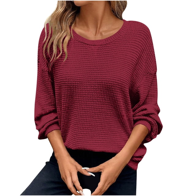 Hauts en Tricot Gaufré à Col Rond pour Femmes, Décontractés, Manches Longues, chandail-Over Léger et Respirant