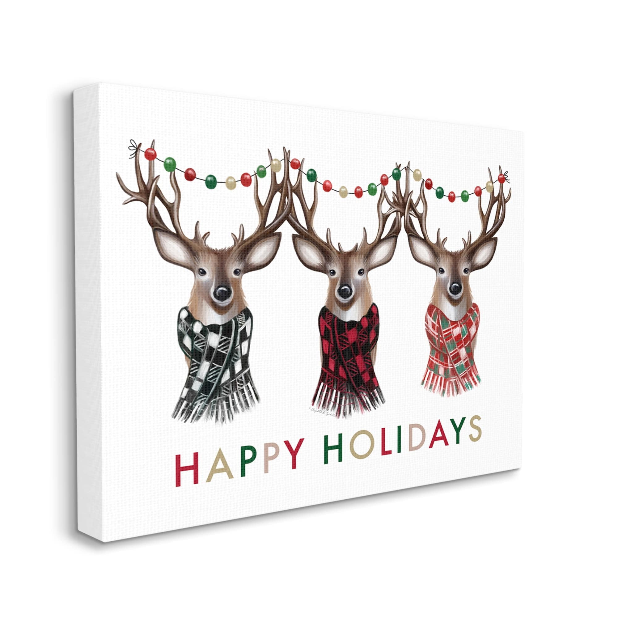 Happy Holidays Christmas Reindeer Antlers Plaid Scarf Animals & Insects Graphic Art Gallery-Wrapped Canvas Print Wall Art