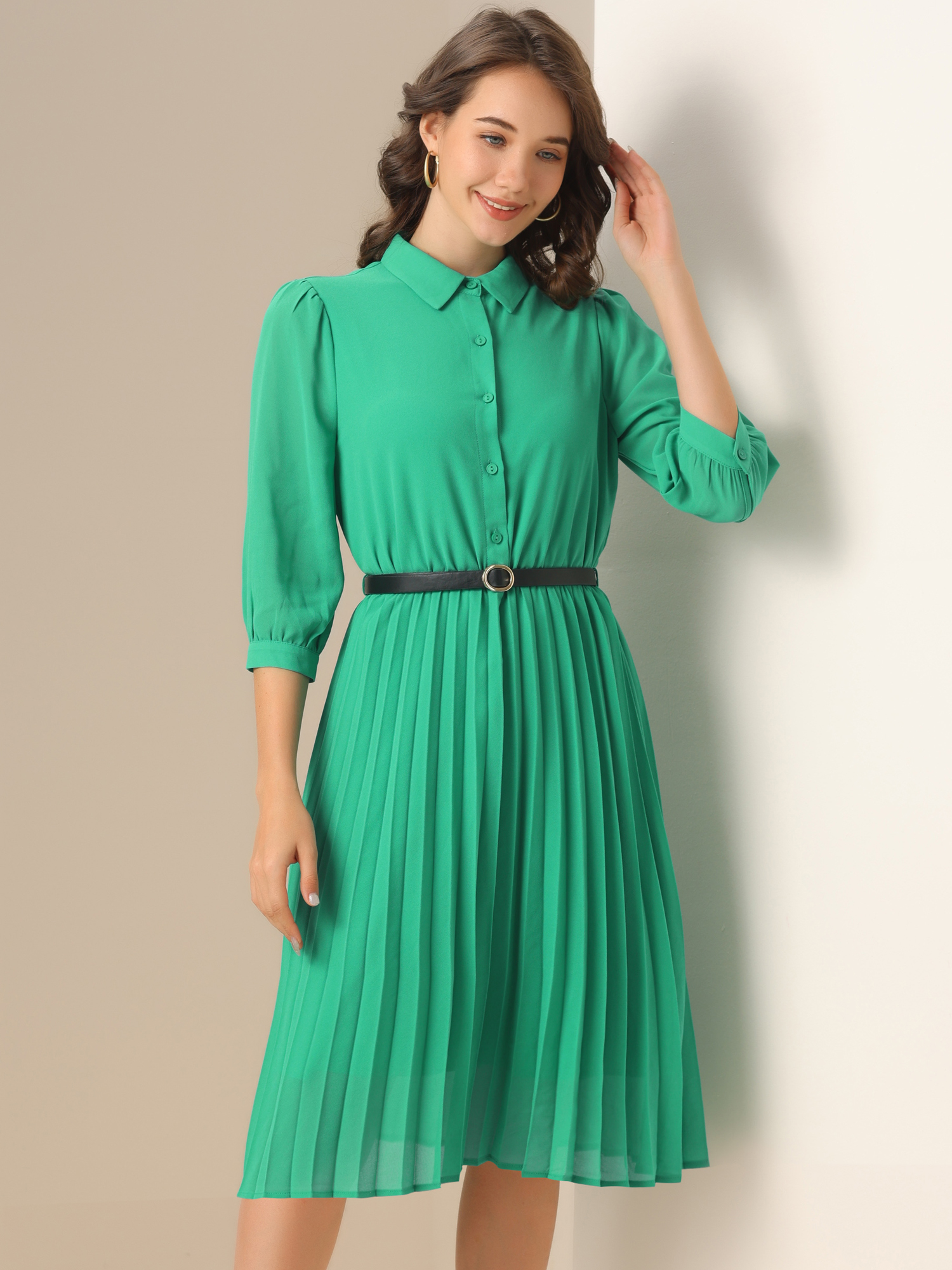 DARING DIVA 3/4 Sleeve Collared Button Down Pleated Dress L Green