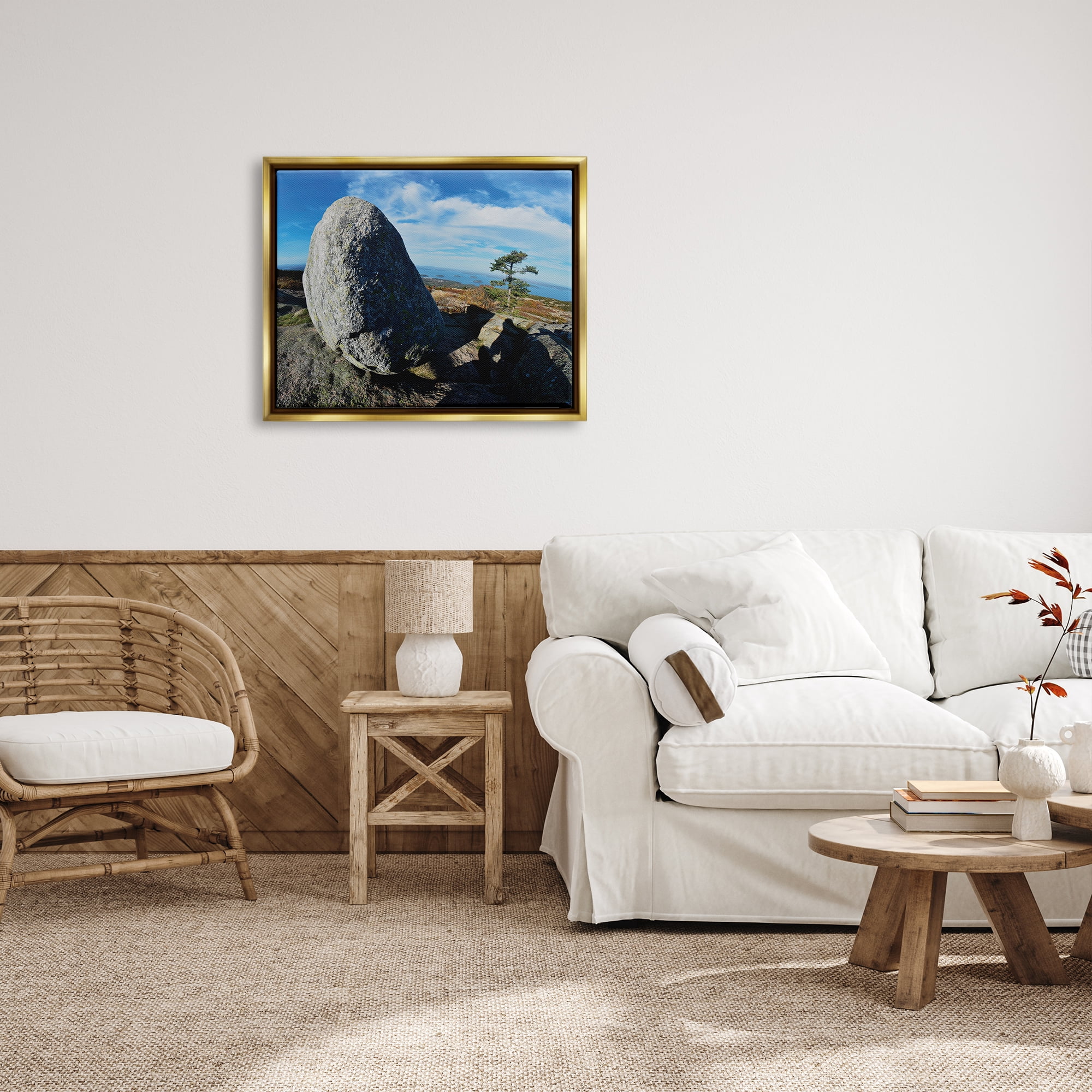 Stupell Industries Mountain View Landscape Nature Photography Gold Floater Framed Art Print Wall Art, 31 x 25