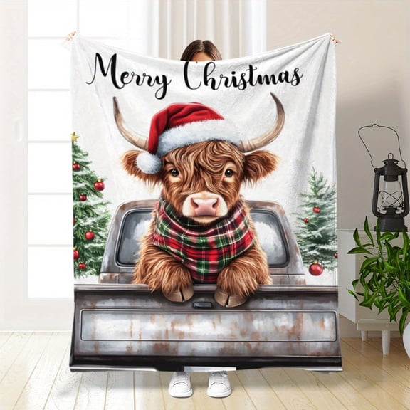 1pc Suige Home Contemporary Style Christmas Cow Flannel Throw Blanket - Lightweight Soft Plush, Digital Print, All-Season Cozy Couch Sofa Bed Cover
