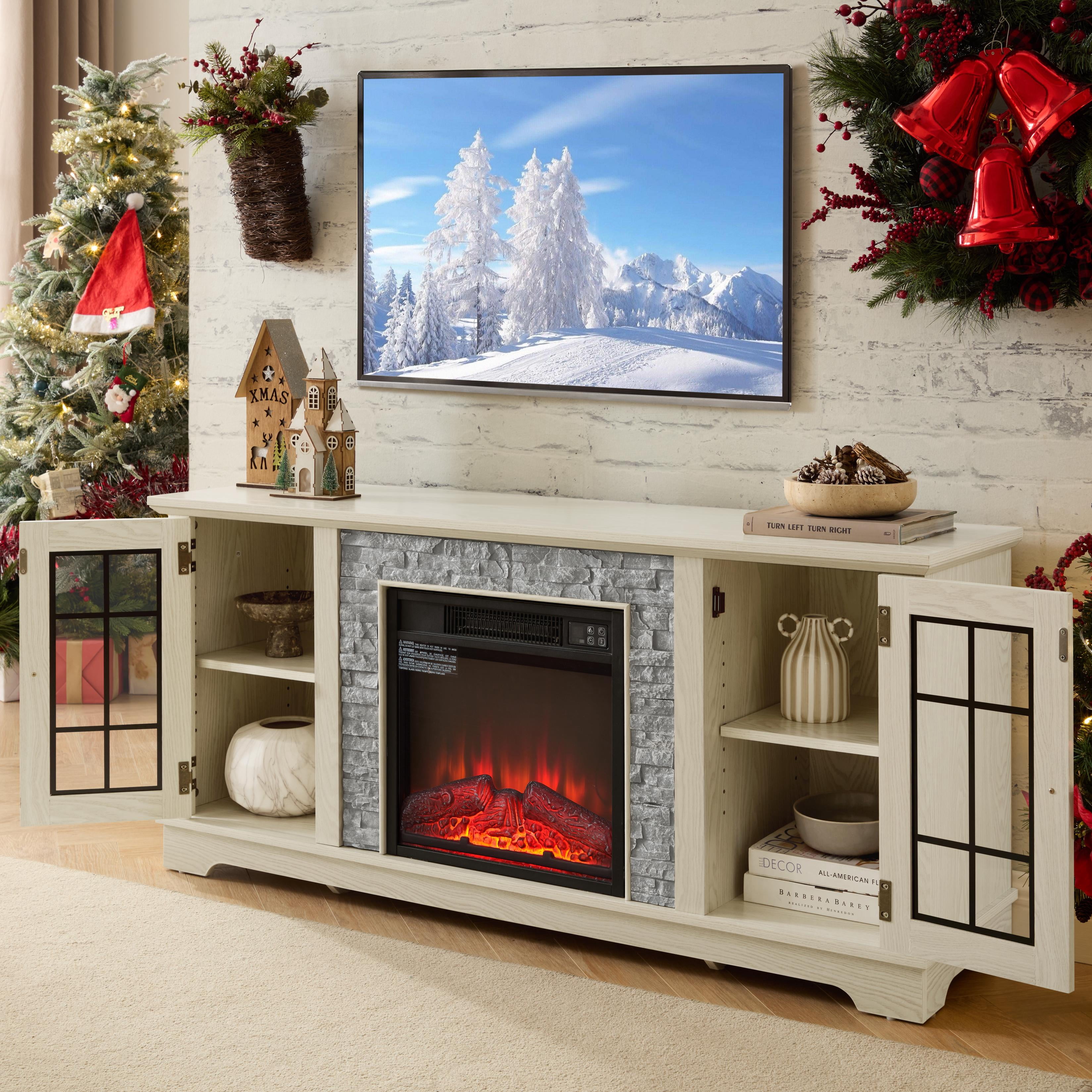 Fireplace TV Stand for TVs up to 65", Paproos Farmhouse TV Stand with 18" Electric Fireplace, Entertainment Center Televison Console Table with Realistic Stacked Stone & Adjustable Shelves, White
