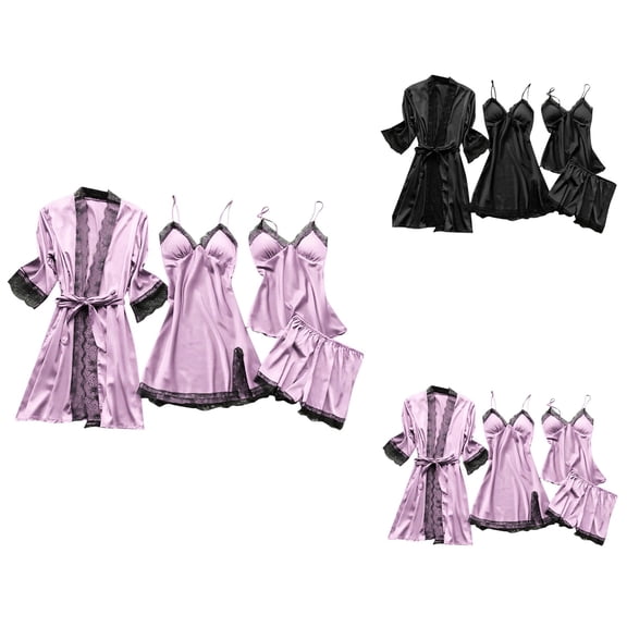 Women Satin Lace Sexy Suspenders Nightgown Pajama Set with Chest Pad, 4-Piece Silk Satin Robe Sleepwear for Plus Size Loungewear