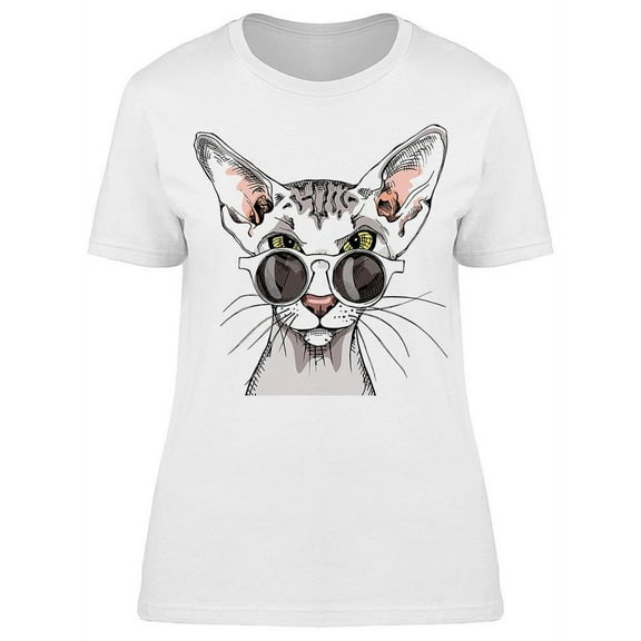 Cat With Glasses Digital Sketch T-Shirt Women -Image by Shutterstock, Female XX-Large