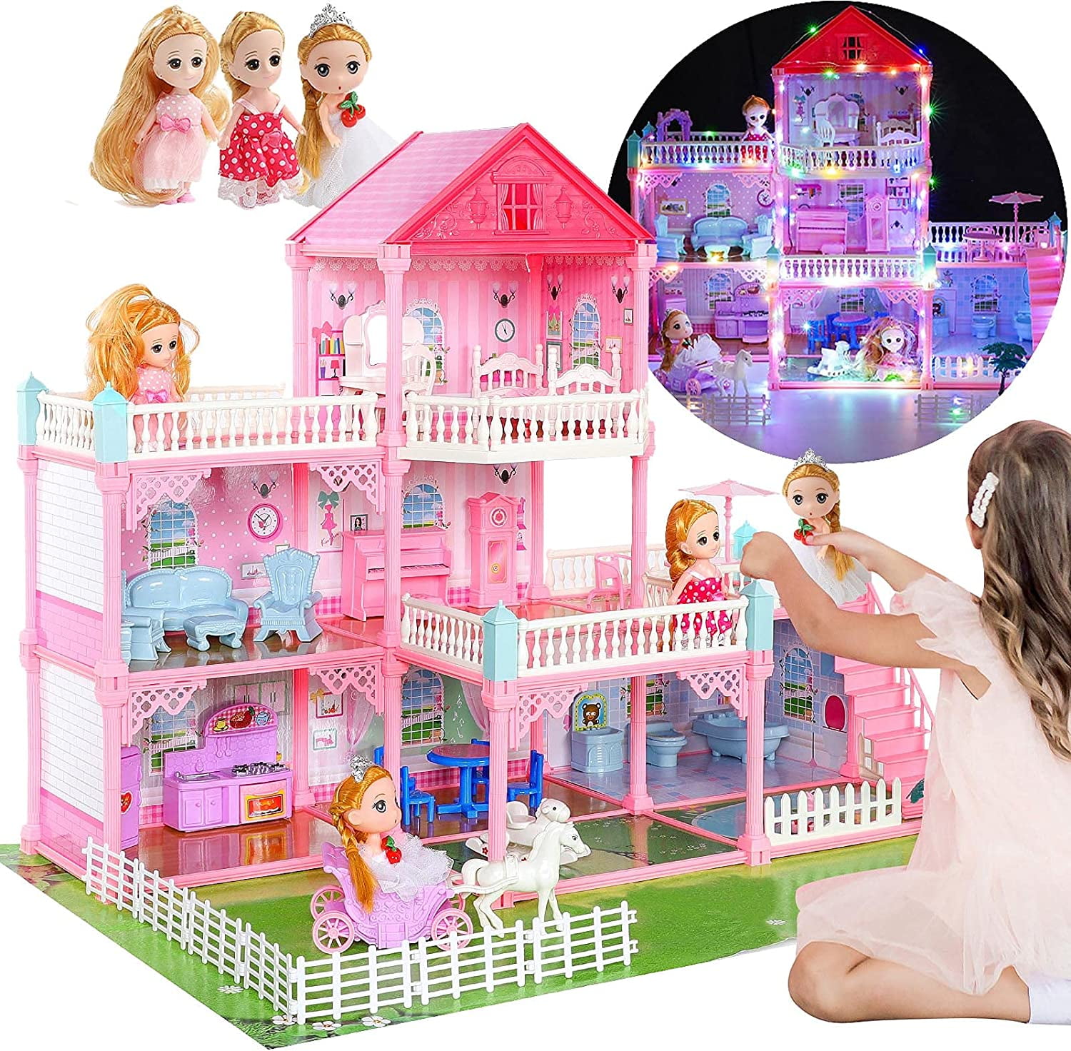 Hot Bee Dollhouse Toys for Girls, 6 Rooms Doll House Furnitures with Slide,  Dream House Doll Play for Girls Age 3+ 