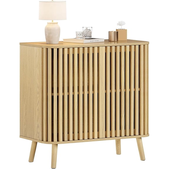 LAZZO Storage Cabinet Credenza Buffet Sideboard with Grille Striped Doors & 2-Tier Shelves, Coffee Bar Accent Cabinet for Living Room, Kitchen & Dining Room, Natural Wood