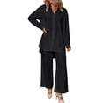thumbnail image 5 of Cagogo Women's 2 Piece Long Sleeve Shirt Wide Leg Pants Set Casual Lounge Outfits Solid Collared Top Matching Lounge Set Airport Travel Clothes, Black M, 5 of 7