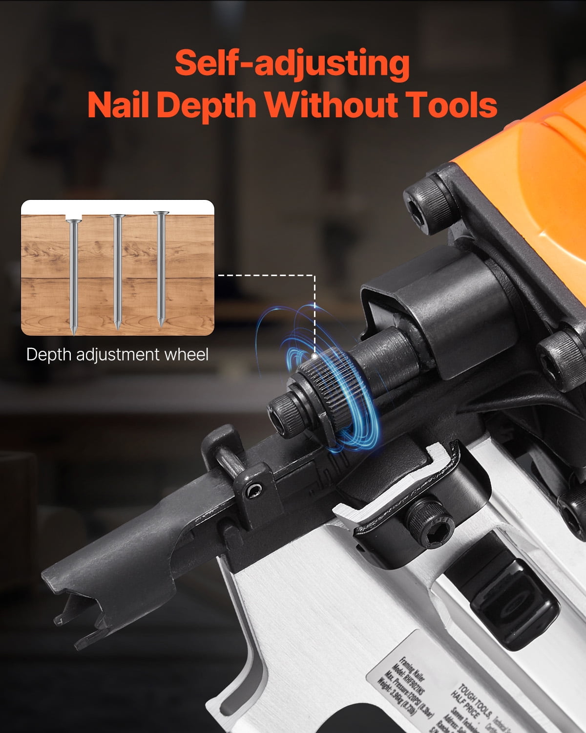 KFFKFF Pneumatic Framing Nailer, 2" to 3-1/2" 21-Degree Full Round Head Nail Gun with Adjustable Depth & Dual Trigger Modes, 80-120 PSI for Framing, Flooring, and Decking