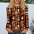 thumbnail image 3 of Halloween Tops for Women Long Sleeve Casual Pullover Shirts Crewneck Loose Blouse Fall Apparel Novelty Retro Pumpkin Bat Grid Graphic Print Party Top, 3 of 6