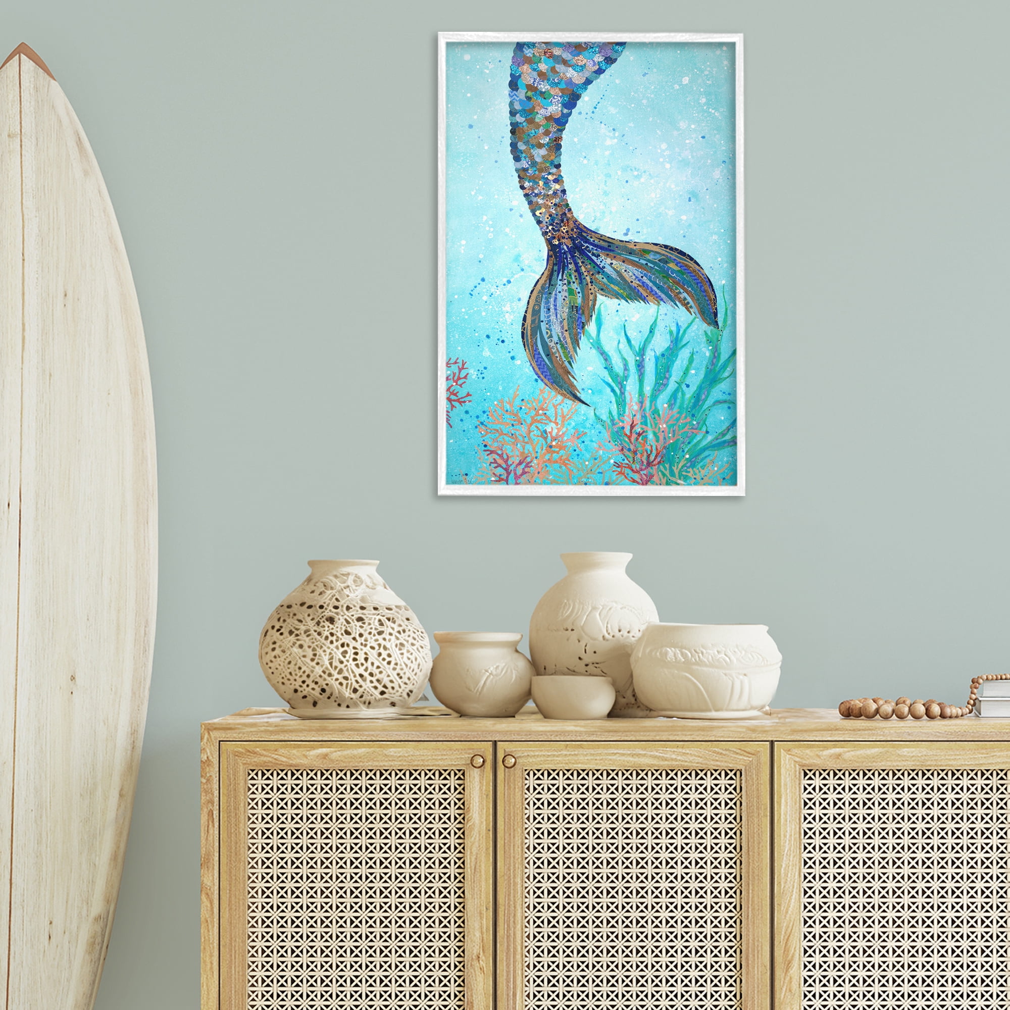 Stupell Industries Tall Tails Mermaid Fairy Tales & Fantasy Painting White Framed Art Print Wall Art, 20 x 30