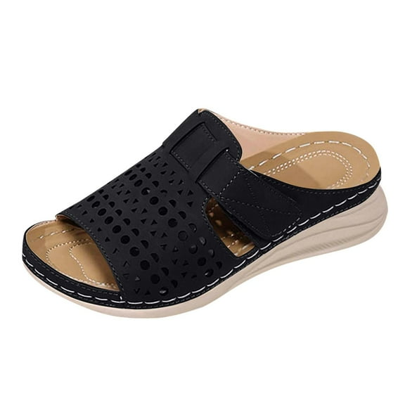 Clogs For Women Open Toe Wedge Sandals With Arch Support Dress Slip On Mules Comfortable Hollow Out Orthopedic Sandals Wide Width Summer Shoes Black Women Sandal