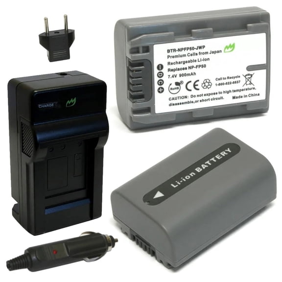Replacement for Sony NP-FP50 Battery (2-Pack, 900mAh) and Charger with Car Adapter