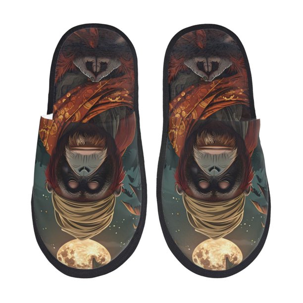 Balery Banana Leaf Meditating Gorilla Pantuflas de Casa de Felpa Silenciosas con Diseño Estampado, Zapatillas Cómodas Antideslizantes de Algodón para Interior-Large
