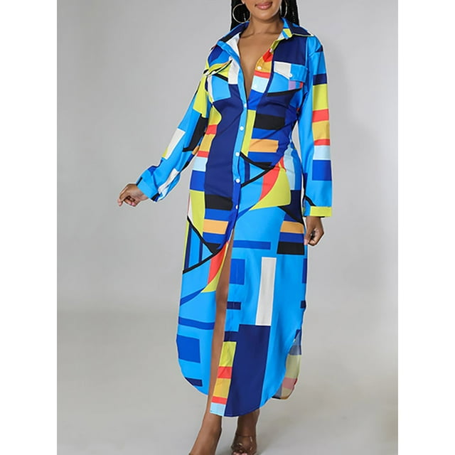 Tralilbee Nouvelle Robe Blouse Style Manches Longues Décontractée Mode Manches Imprimé Robe de Fête pour Dames Bouton Tenue d'Intérieur Col à Revers Mode Urbaine Fête d'Anniversaire