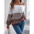 thumbnail image 6 of Women Crochet Knit Casual Color Block Off Shoulder Trendy Sweaters Pullover Lantern Sleeve Warm Tops Coffee XL, 6 of 8