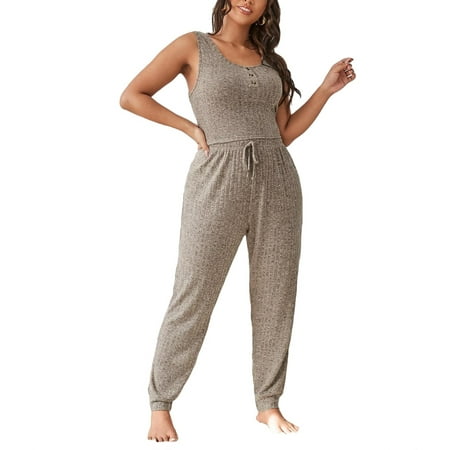 

Solid Scoop Neck Pant Sets Sleeveless Khaki Plus Pajama Sets (Women s)