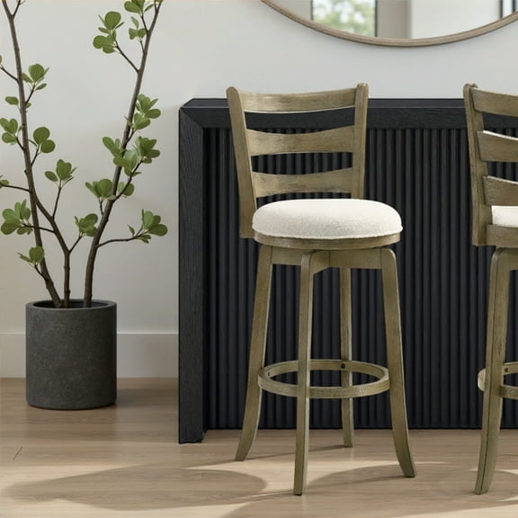 Melindra Modern Farmhouse Swivel Wood Bar Height Kitchen Bar Stool in Putty Brown Finish with White Boucle Fabric Upholstered Seat