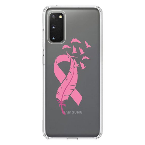DistinctInk Clear Shockproof Hybrid Case for Galaxy S20 ULTRA / 5G (6.9" Screen) - TPU Bumper Acrylic Back Tempered Glass Screen Protector - Pink Ribbon Cancer - Feather Birds