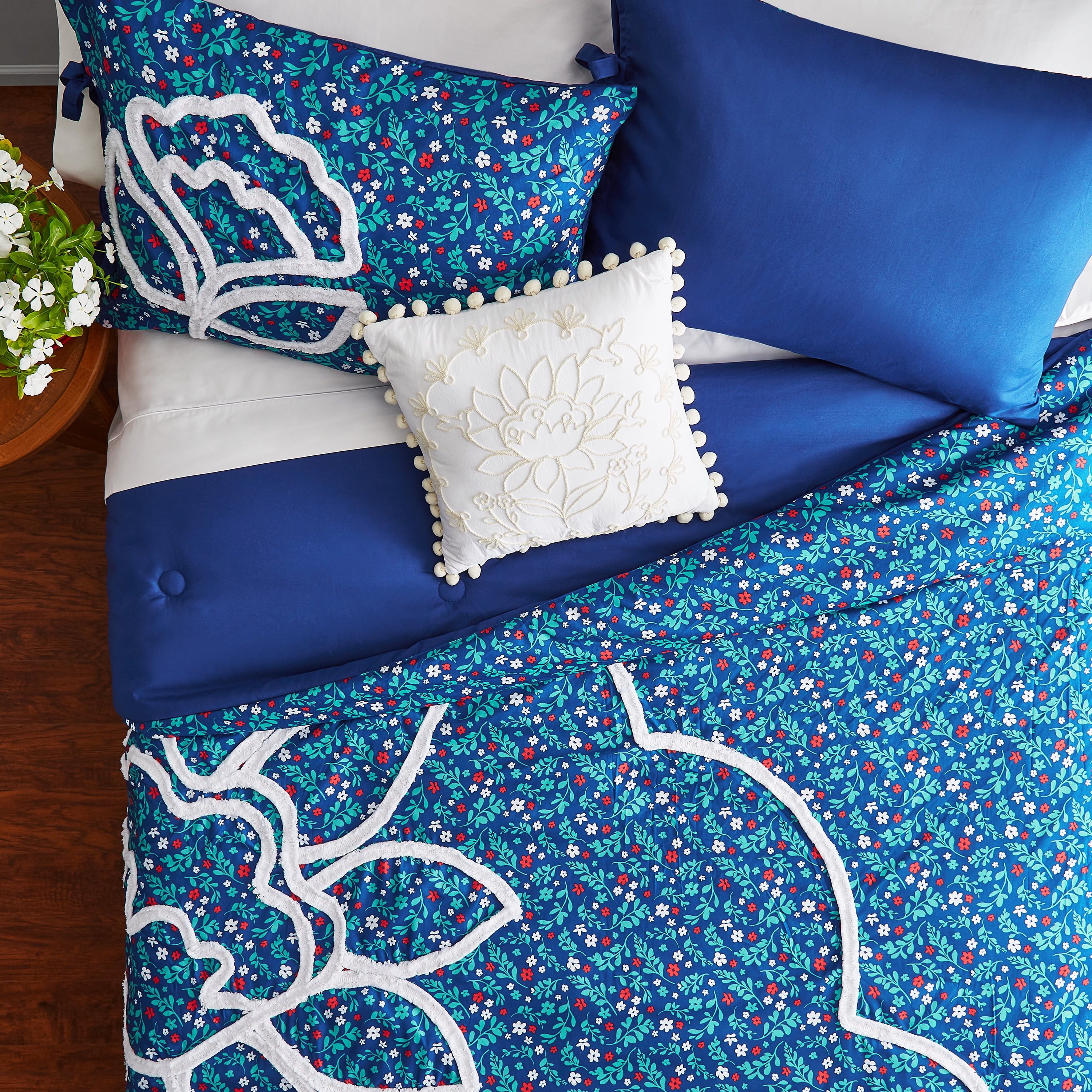 Blue & Yellow Flowers King Comforter Shams & Toss Pillows 5 Piece Bedding Pink 