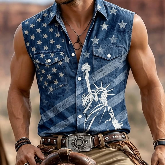 XINPING USA 250th Anniversary Merchandise Men’s Statue Print Sleeveless Denim Shirt, Washed Button Down Vest, 250th Anniversary Independence Day Casual Patriotic Top with Star Pattern