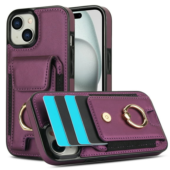 Allytechgroup iPhone 15 Plus Case with Wallet, Ring Holder Stand Cards Slots Cash Pocket Drop Protection Retro Leather Case for Men Women for Apple iPhone 15 Plus, Purple
