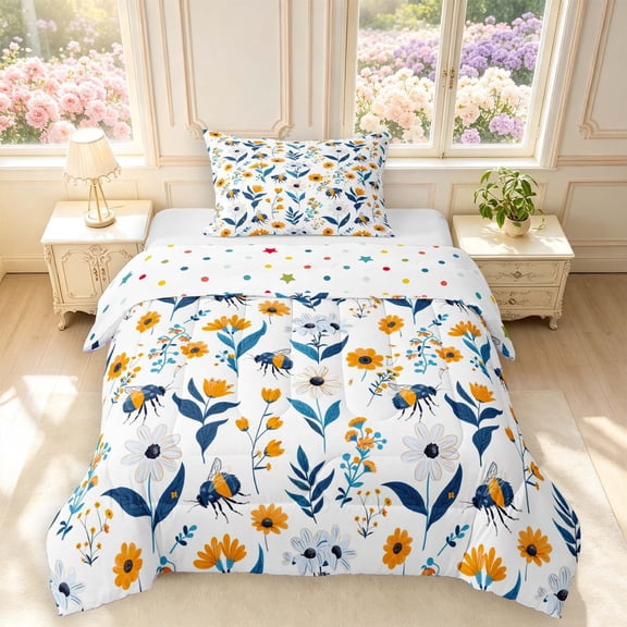 Erosebridal Vintage Bee Twin Comforter Sets,Lovely Floral Bedding Set,White Blue,Polkadot Reversible,2 Pieces,1 Comforter and 1 Pillowcase