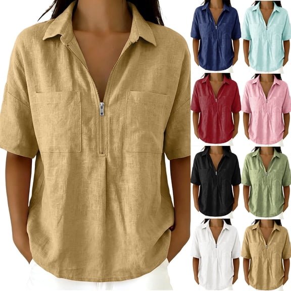 VBVC Women's Cotton-Linen Half-Zip Collared Shirt,Ladies Short Sleeve Pocketed Casual Blouse,Loose Fit Lightweight Summer Top for Women,Black,S-2XL