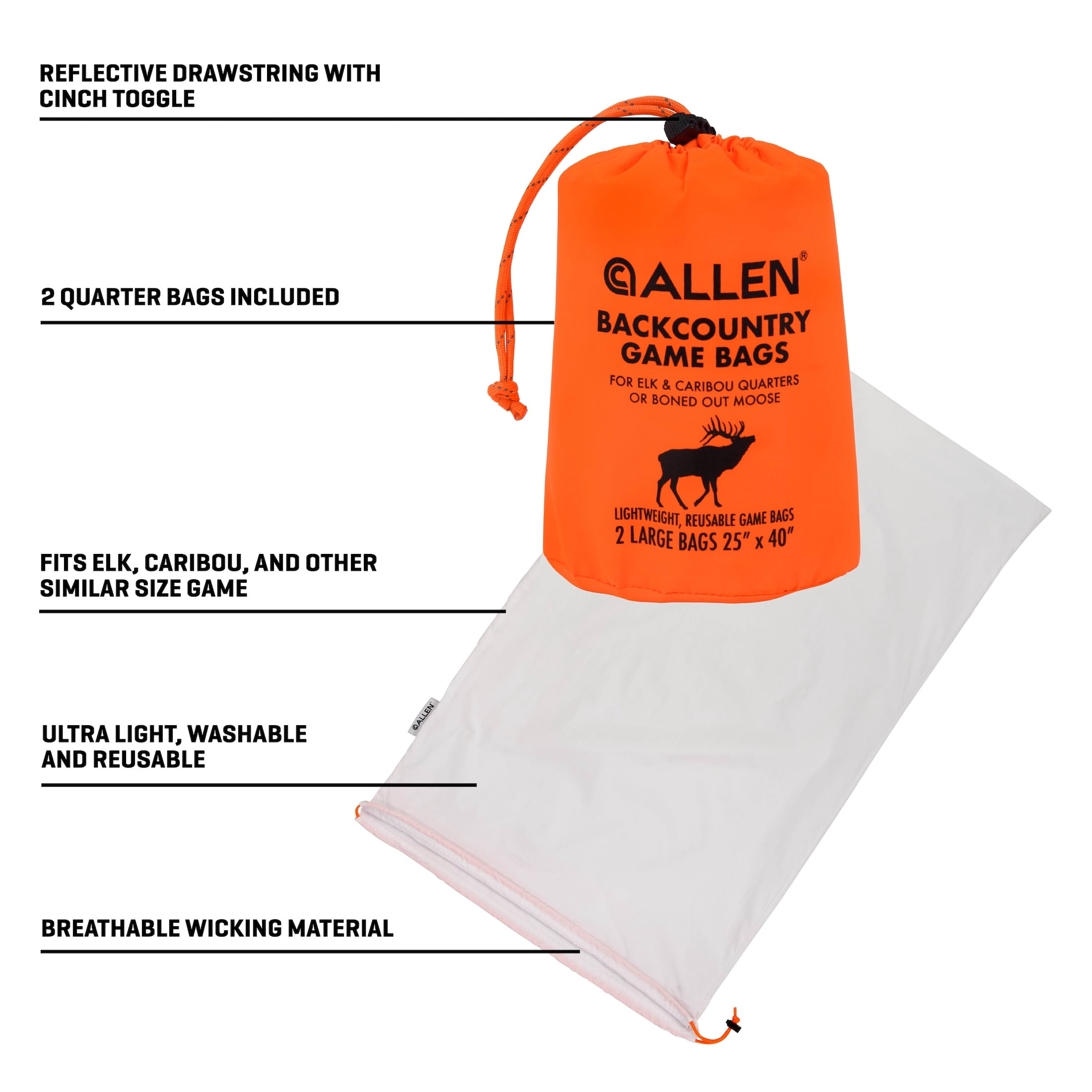 (2 pack) Allen Company Backcountry Imperial Elk Quarter Game Bags - Lightweight Breathable Reflective Drawstring - 2 Pack - White