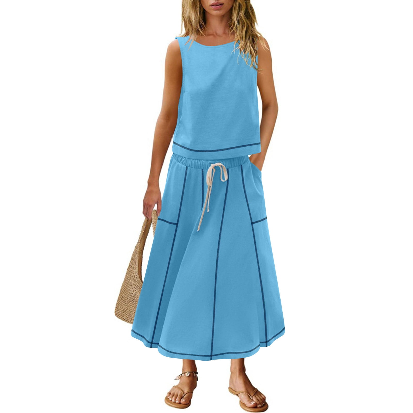 Sentmoon Lounge Sets for Women Sundresses for Women Wedding Guest Sleeveless Beach Dresses Spring Solid Color Regular Fit Long Summer Dress Fashion for Summer and Hot Weather XXL