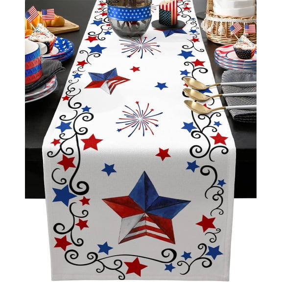 4th of July Table Runner Patriotic Stars Table Runners Independence Day Fireworks Cotton American Flag Linen Dresser Scarf Kitchen Dining Table Decor for Memorial Day Holiday Party 13x72 Inch
