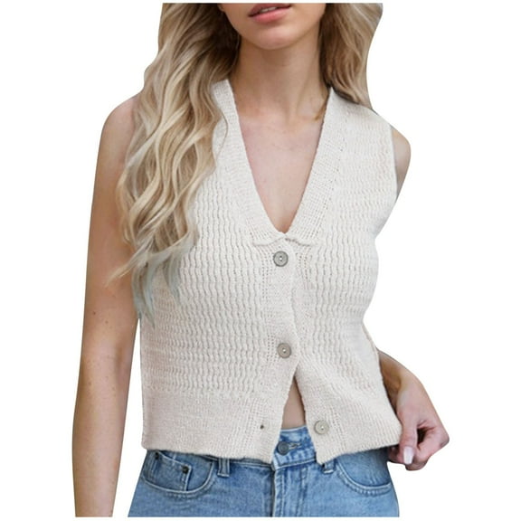 AherBiu Sweater Tops for Women Cropped Button Deep V Neck Sleeveless Cropped Knitted Cardigan Vests