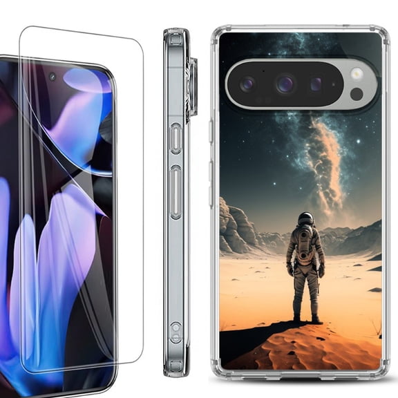 For Google Pixel 9 Pro XL Phone Case Cover, Shockproof Bumper Case with Tempered Glass Screen Protector, by OneToughShield - Astronaut Milkyway