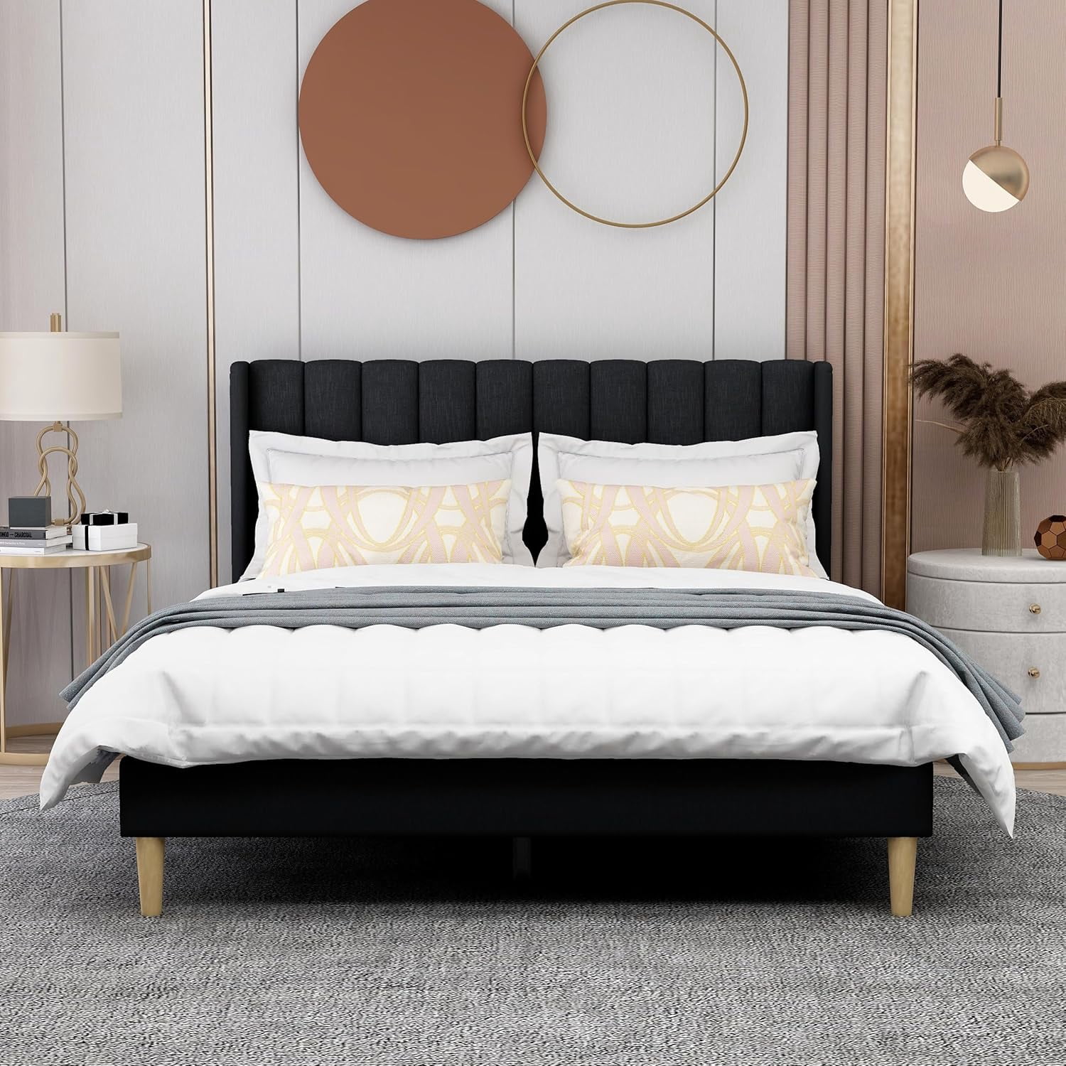 AGARTT Upholstered Platform Queen Size Bed Frame with Headboard Wooden Slats Support,Black Linen