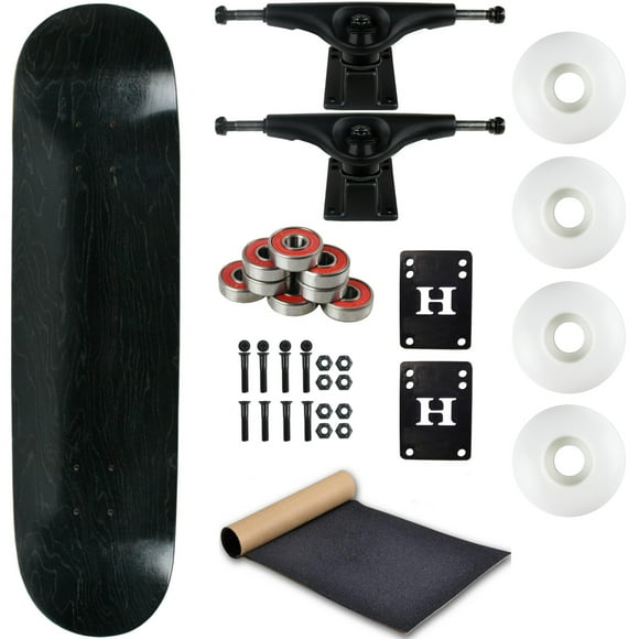 Moose Skateboard Complet Noir Taché 7.5 Pouces avec Camions Noirs et Roues Blanches