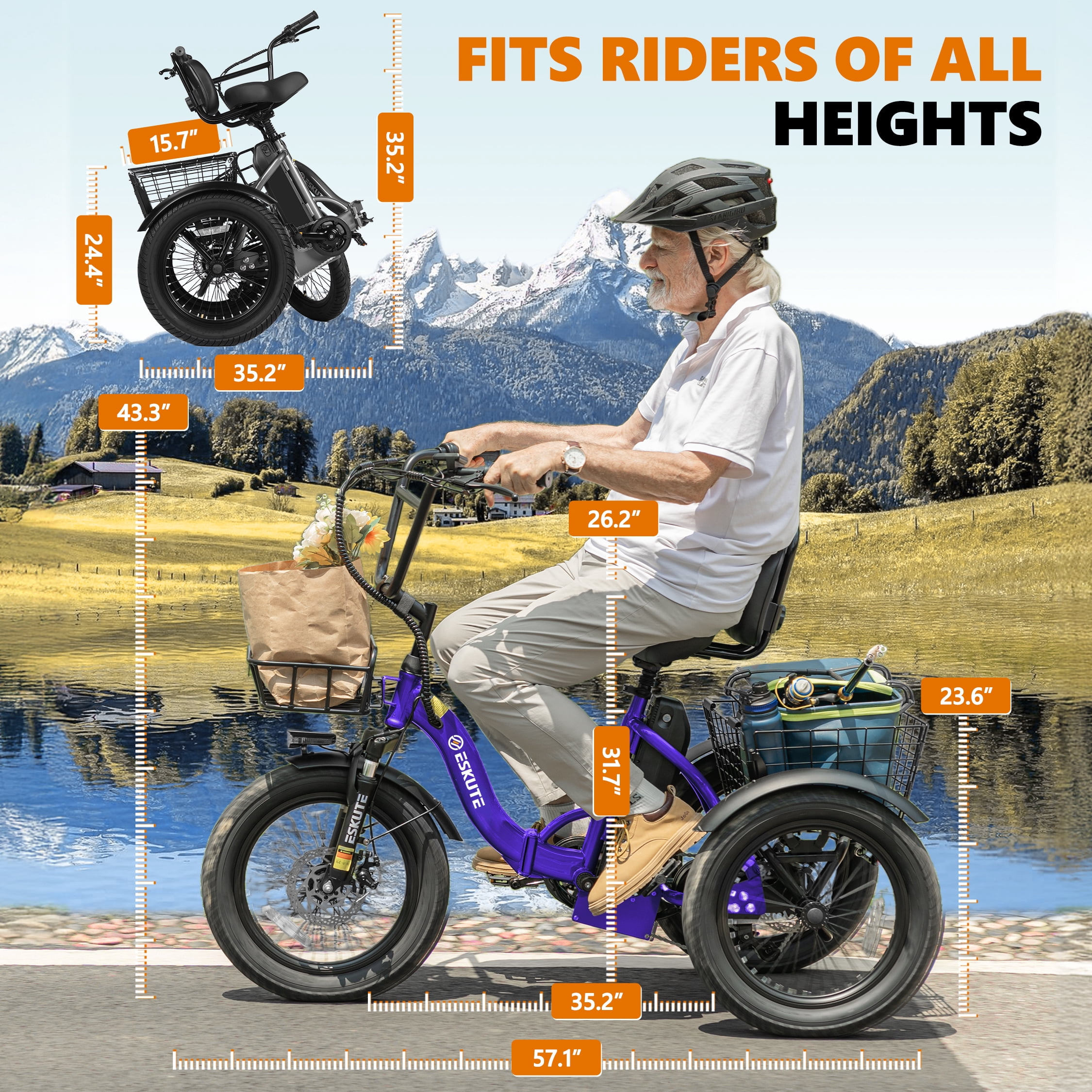 ESKUTE Purple E Trike Electric Bike, Peak 1200W Brushless Motor Folding Trike 18X3.0 Fat Tire Ebike, 499Wh Removable Battery, Step-Thru 3 Wheel Electric Bicycle, 48V 13AH 18MPH+ Tricycle for Adults