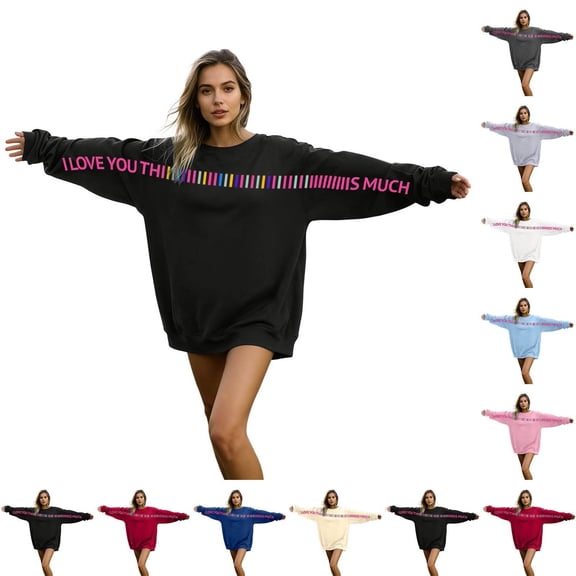 idosla I Love You This Much Sweatshirt for Women Men Valentine's Day Letter Couple Hoodies Oversized Long Sleeve Pullover Top (Light Gray, L)