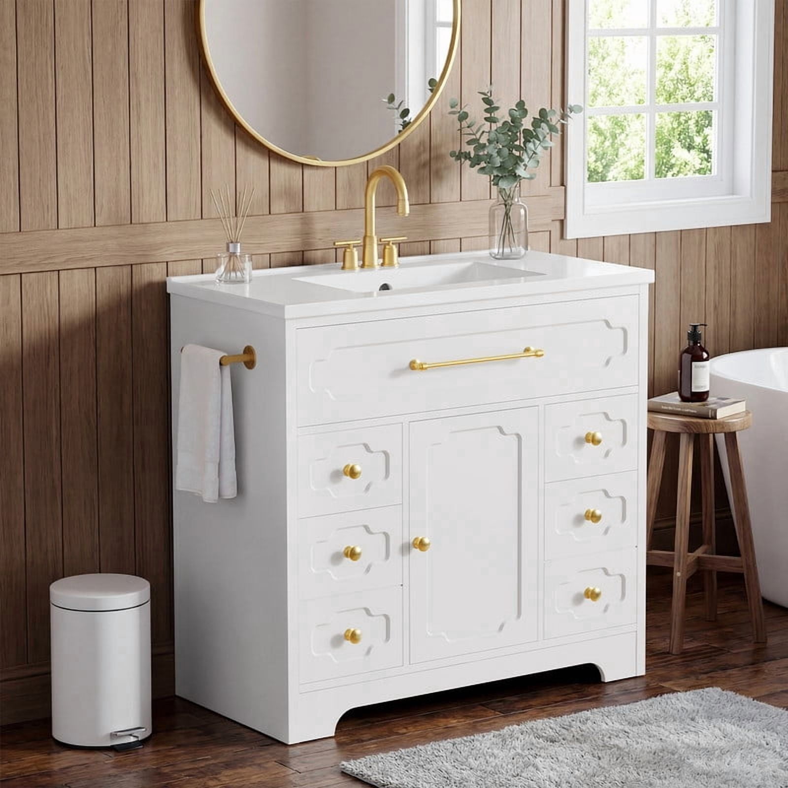 Lacoo 36'' Bathroom Vanity with Ceramic Sink Top, Modern Bathroom Storage Cabinet with Soft Close Drawers, Pre-Drilled Faucet Holes, Freestanding Vanity for Bathroom, White(2 Pack)