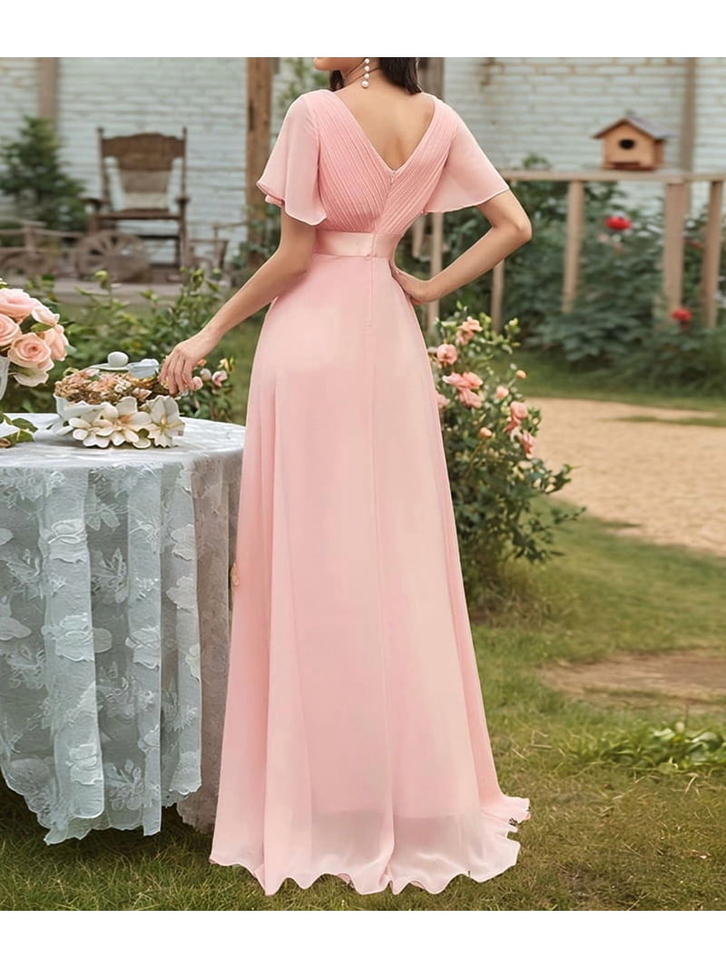 pink short sleeve wedding guest dress A-Line High-low Square Short Sleeve Chiffon Wedding Guest Dress with Ruffles