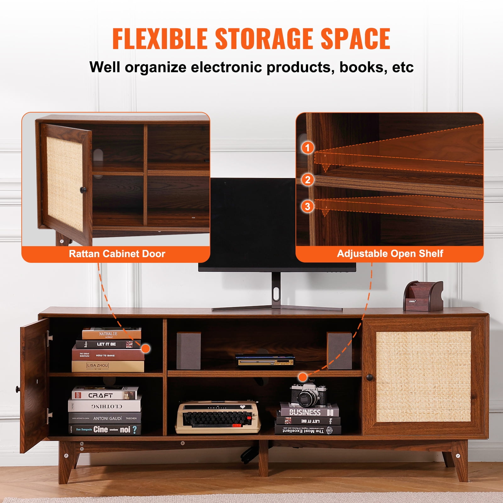 KFFKFF Walnut TV Stand for 75in Television, Bohemian Style TV Console with Rattan Door, Media Center with Integrated Socket, Two-Shelf Storage Cabinet, Contemporary Design for Living Space,Media Area